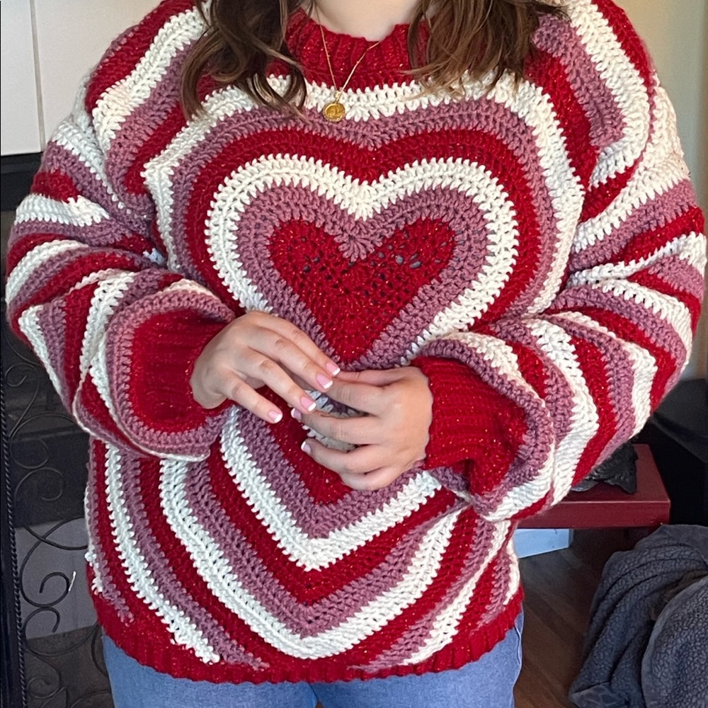 Handmade Crochet Heart Sweater—Glittery and Full Of Personality, One Of A Kind